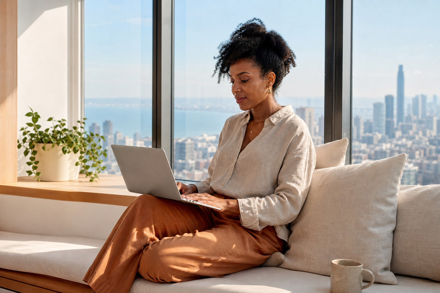 Professional working comfortably by a sunny window with a laptop