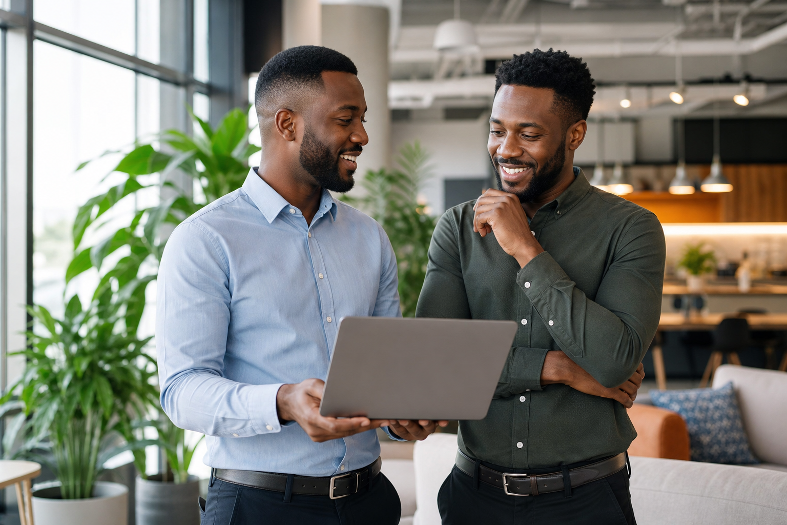 Two colleagues collaborating over a laptop in the office