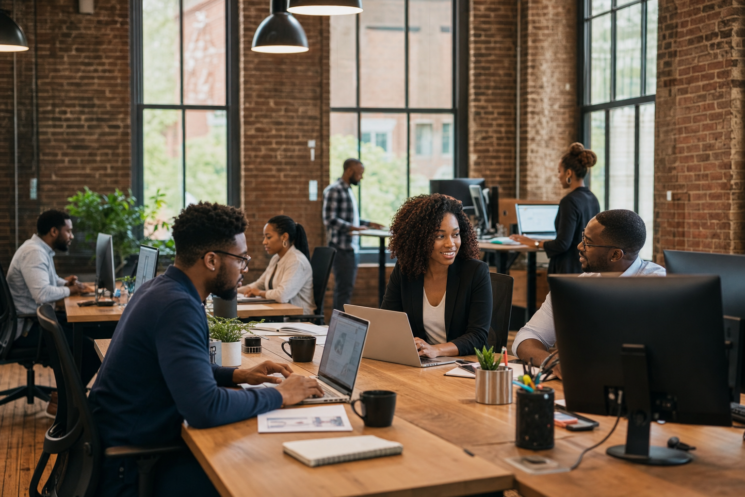 Afantic team members working together in a modern open office