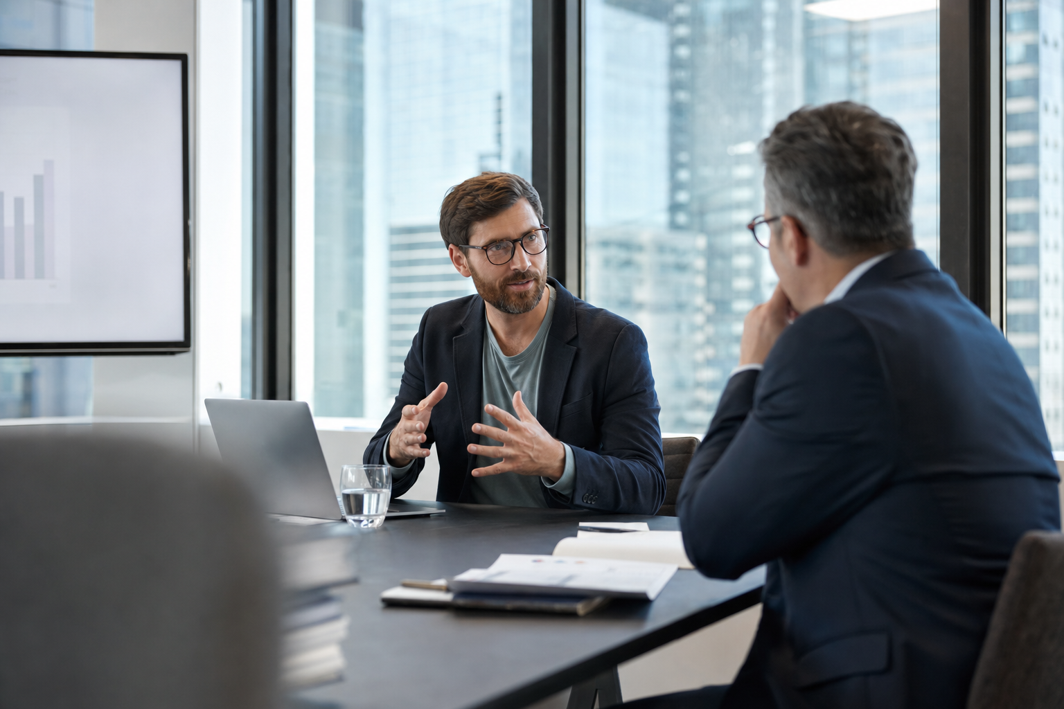 Founder and investor in a conference room discussing a strategic investment